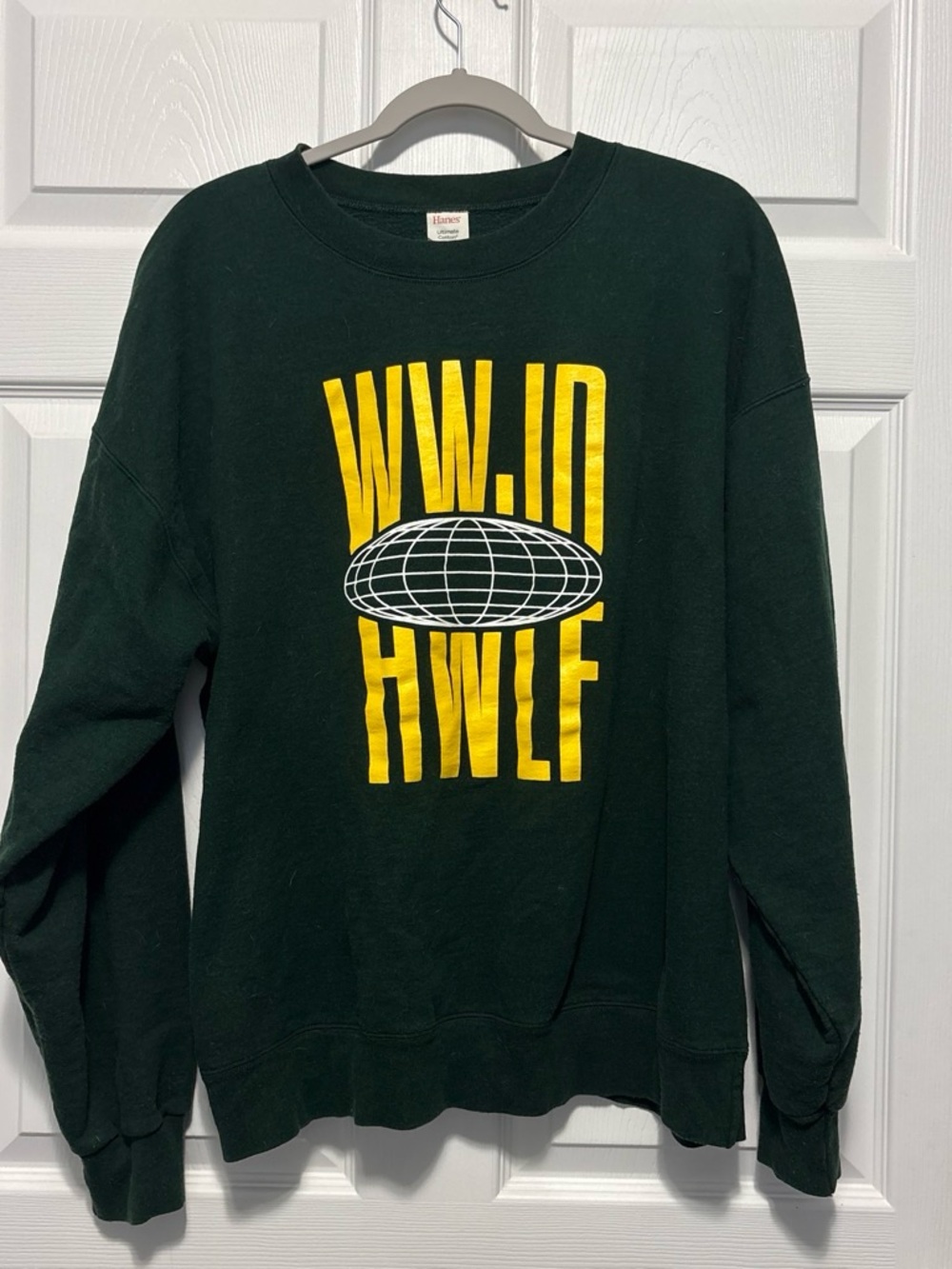 Hanes Dark Green Crewneck Sweater with Yellow Graphic